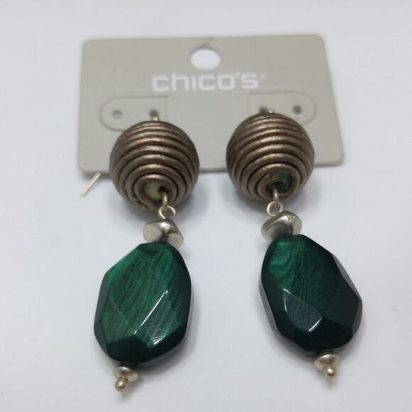Chico's Bronze and Green Lucite Drop Bead Earrings, 2 1/4 Inches, New On Card - Picture 1 of 9
